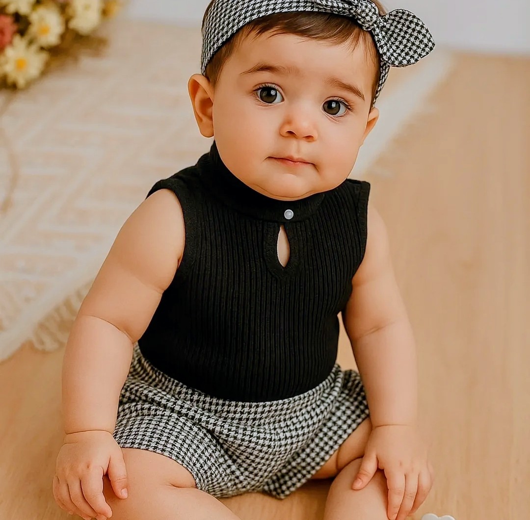 Baby wearing black houndstooth romper set from Rumi Baby Collection