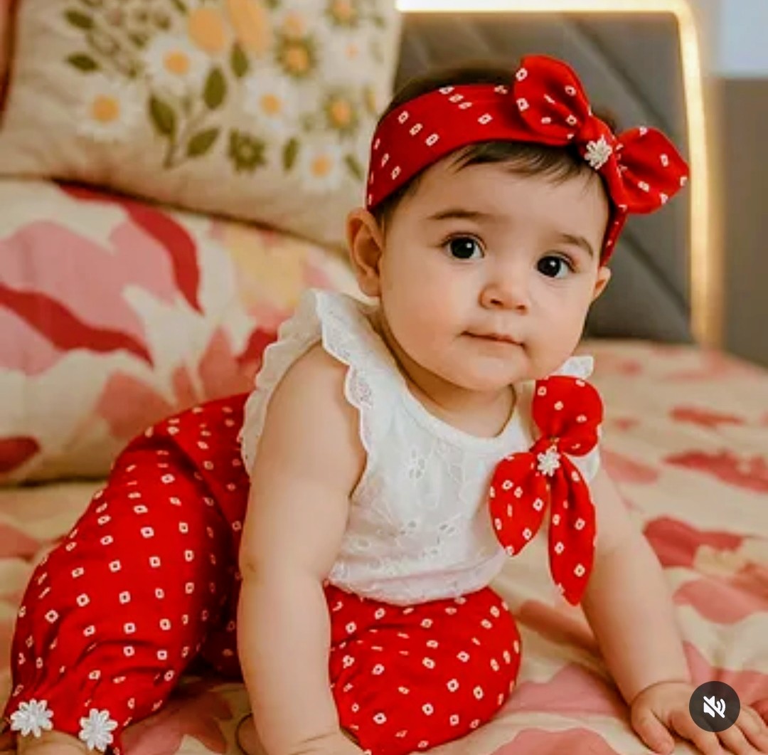 Baby in red bandhani bow romper set from Rumi Baby Collection