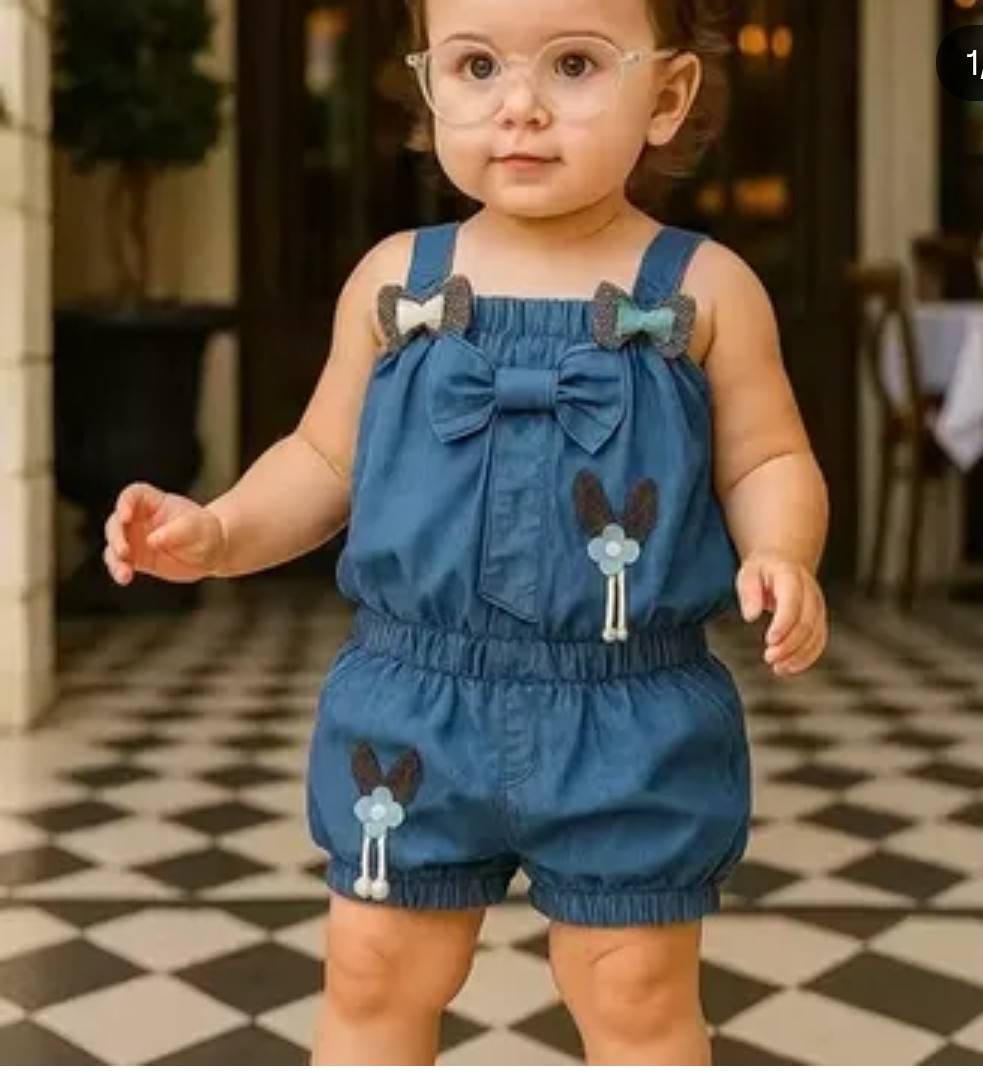 Toddler in denim bow dungaree from Rumi Baby Collection